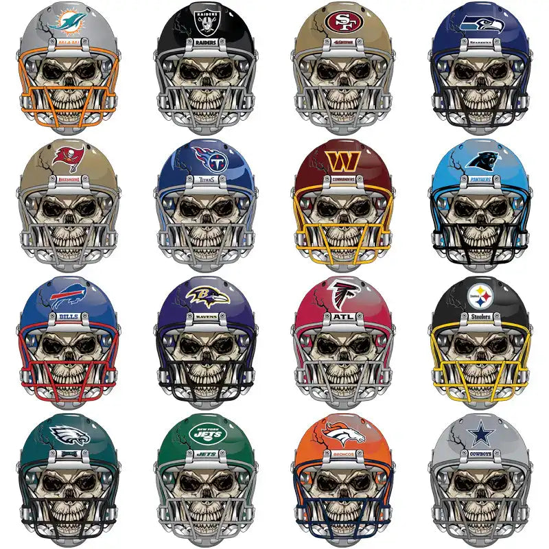Skull-themed NFL team helmets for DTF/DTG designs, print-ready PNG, SVG, PES