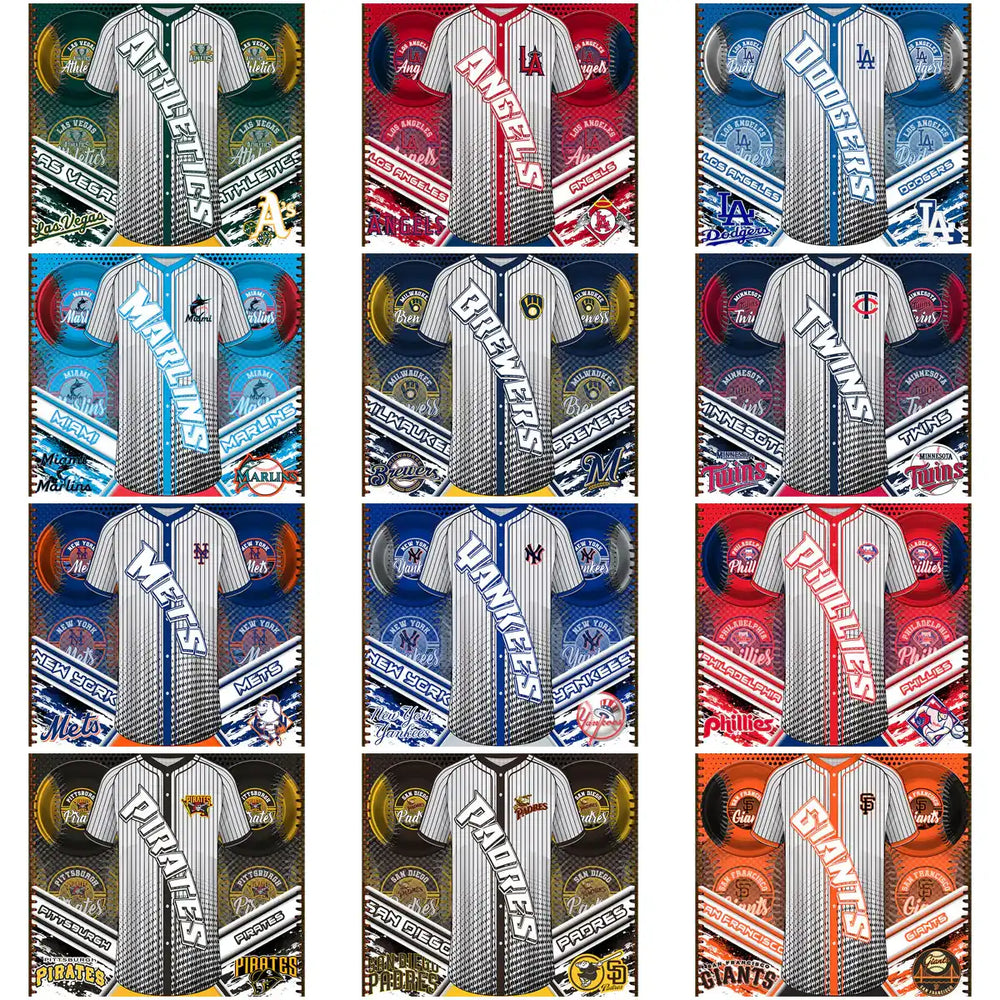 Baseball jersey designs for DTF/DTG printing, featuring MLB team logos and vibrant colors.