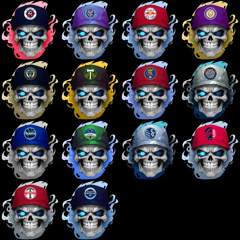 Glowing blue-eyed skull designs with sports caps, perfect for DTF, DTG, embroidery, and tumbler wraps.
