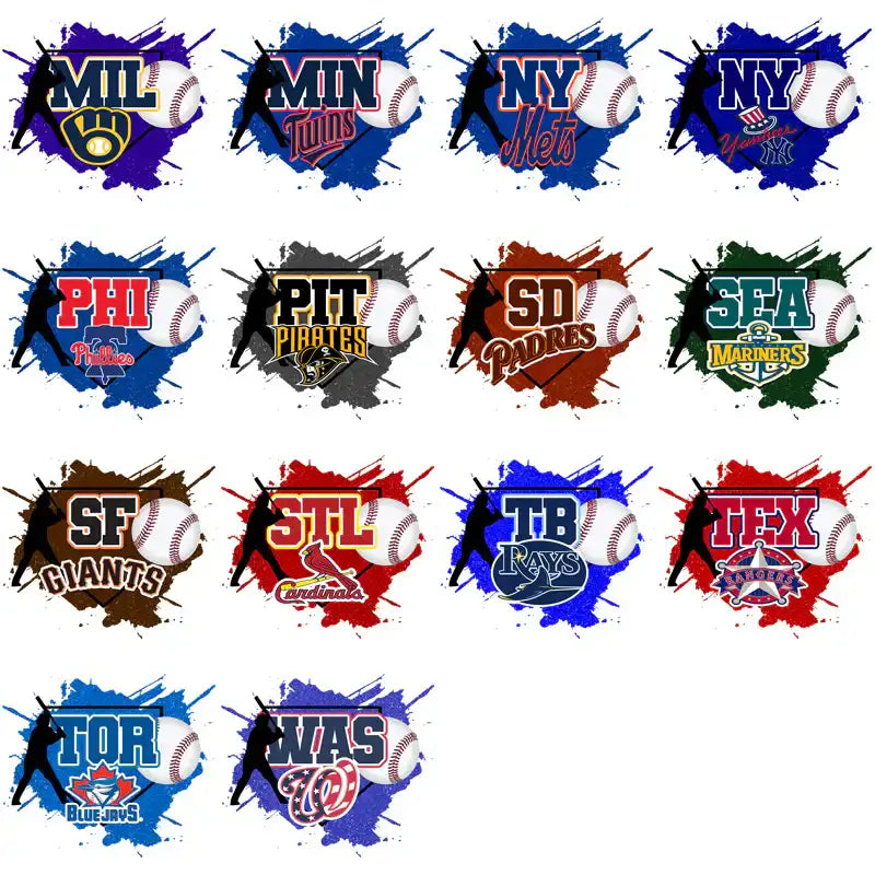 Baseball team logos with batter silhouettes and colorful paint splashes for DTF/DTG designs