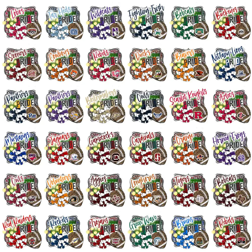 College football team pride designs with bows, leopard print, and team logos for DTF/DTG printing