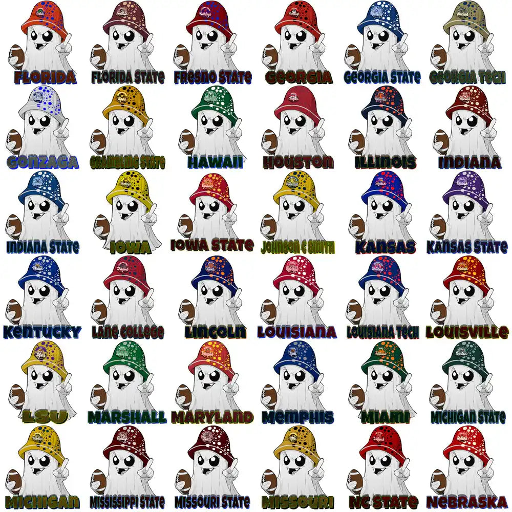 College football ghost designs for DTF, DTG, embroidery — print-ready PNG, SVG, PES bundles