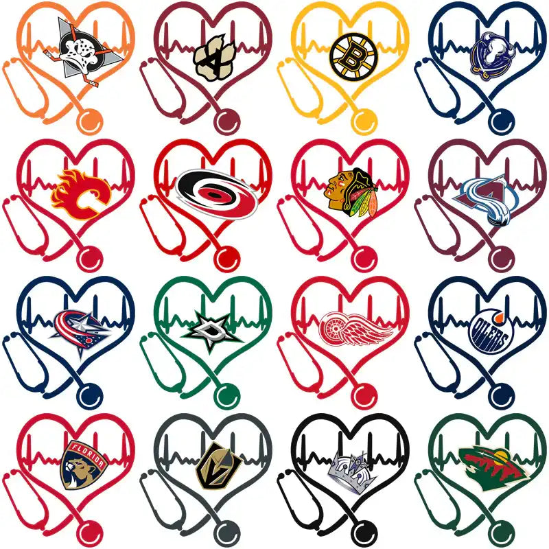 NHL team logos in heart-shaped EKG designs with stethoscopes, print-ready for DTF, DTG, embroidery