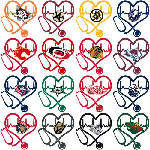 NHL team logos in heart-shaped EKG designs with stethoscopes, print-ready for DTF, DTG, embroidery