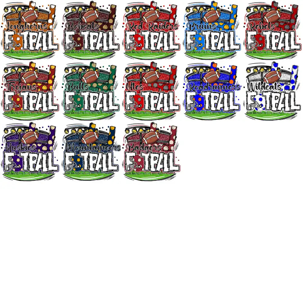 Football team designs for DTF/DTG, embroidery, and tumbler wraps with vibrant colors and bold text.