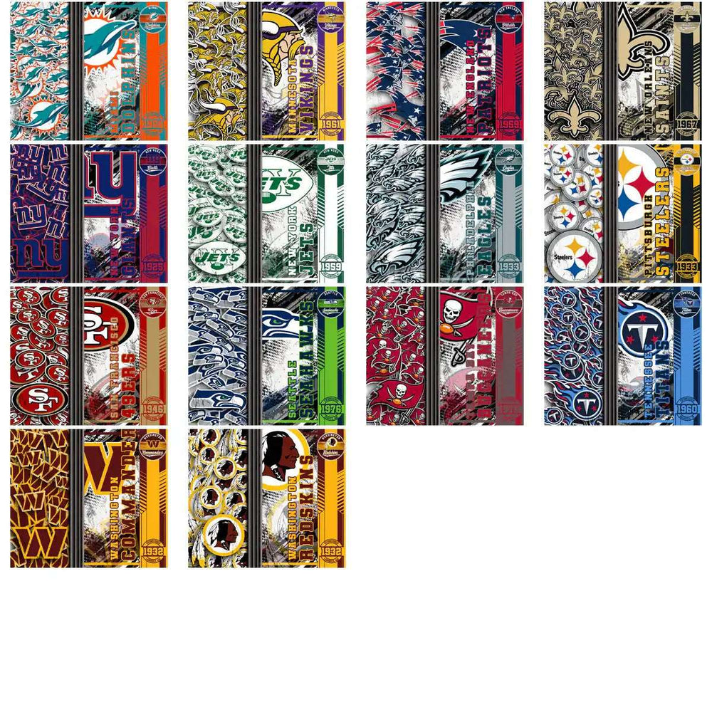 NFL team designs for DTF/DTG, embroidery, and tumbler wraps, featuring vibrant logos and patterns.