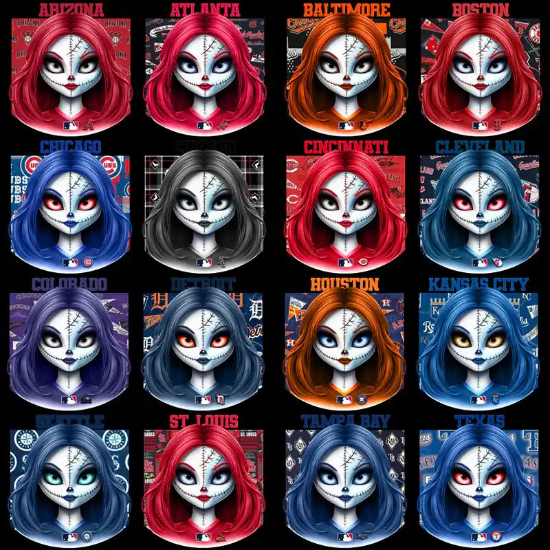 Halloween-themed MLB team girl designs for DTF, DTG, embroidery, and tumbler wraps – print-ready PNG, SVG, PES