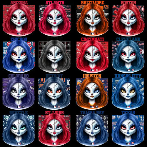 Halloween-themed MLB team girl designs for DTF, DTG, embroidery, and tumbler wraps – print-ready PNG, SVG, PES