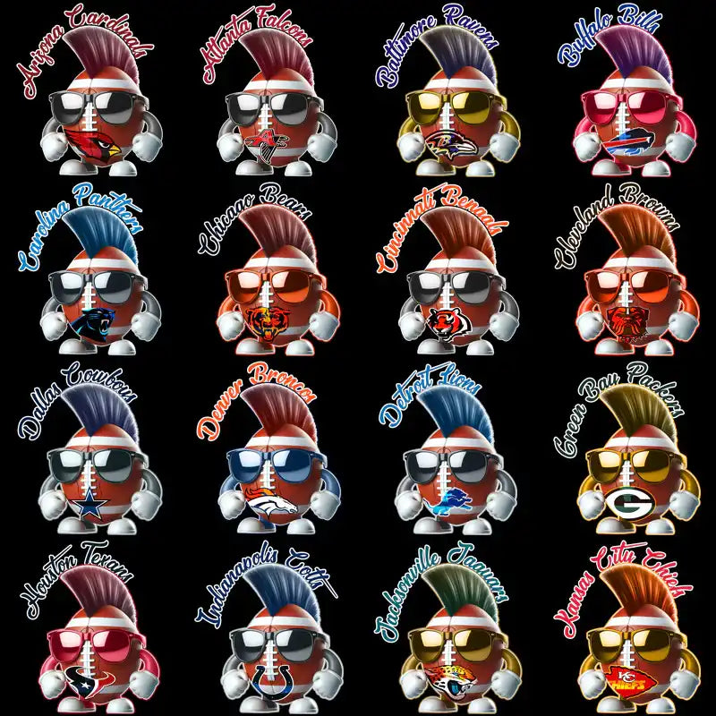 NFL team mascot footballs with mohawks and sunglasses, print-ready designs for DTF, DTG, embroidery