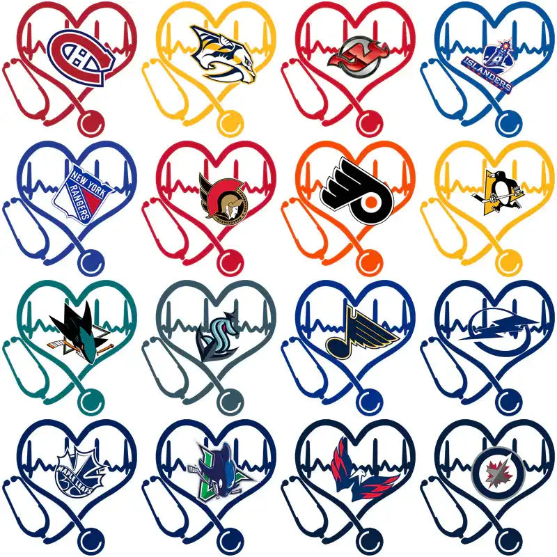 Heart-shaped NHL team logos with stethoscope and heartbeat design for print-ready SVG/PNG