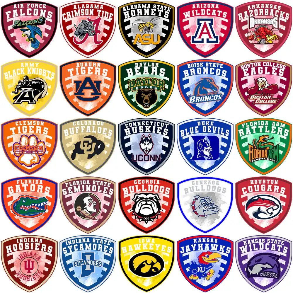 College football team logos in shield designs for DTF, DTG, embroidery, and tumbler wraps