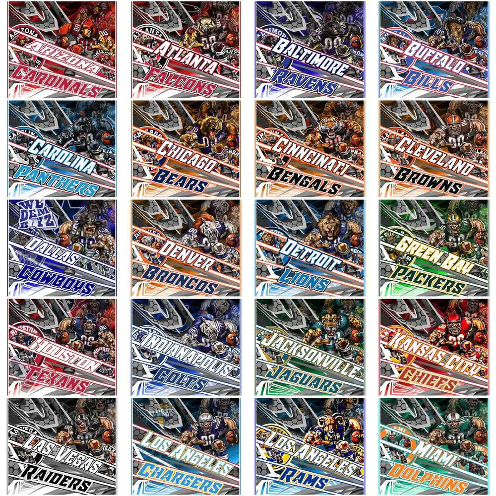NFL team designs for DTF/DTG and embroidery, featuring vibrant graphics and team logos.