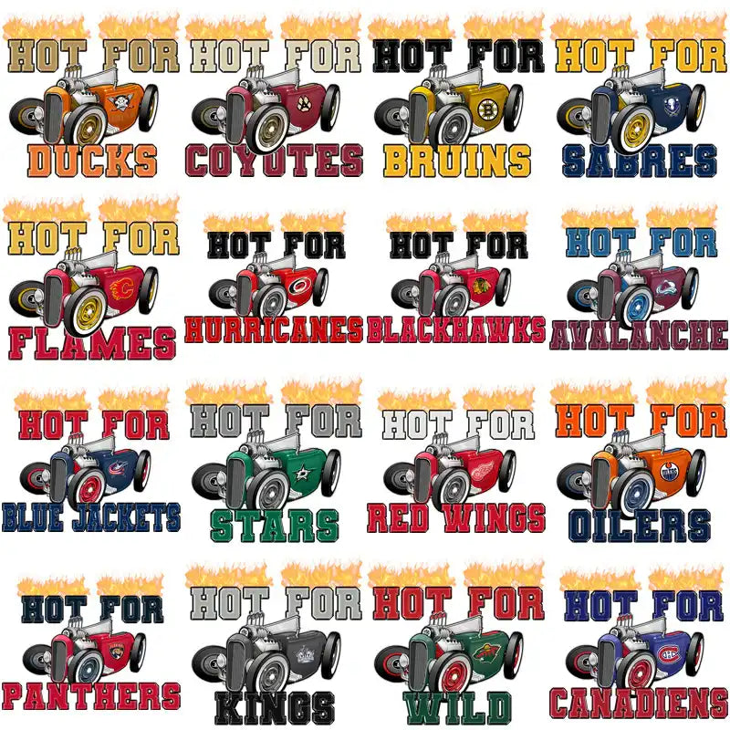 Hot for NHL teams race car designs, print-ready for DTF/DTG, embroidery, and tumbler wraps.