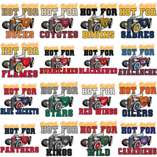 Hot for NHL teams race car designs, print-ready for DTF/DTG, embroidery, and tumbler wraps.
