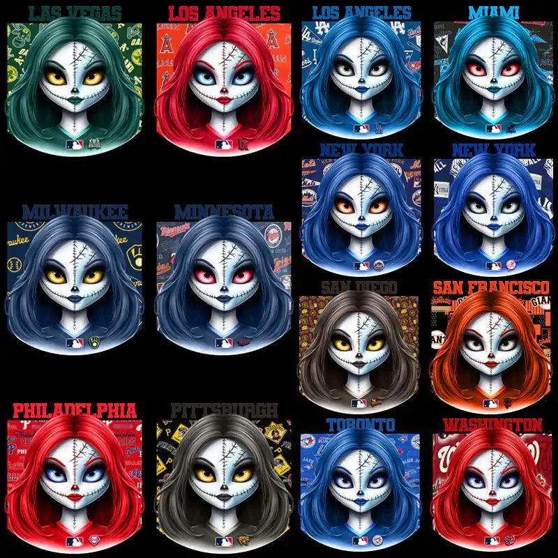 Halloween-themed MLB team girl designs for DTF, DTG, embroidery – print-ready PNG, SVG, PES