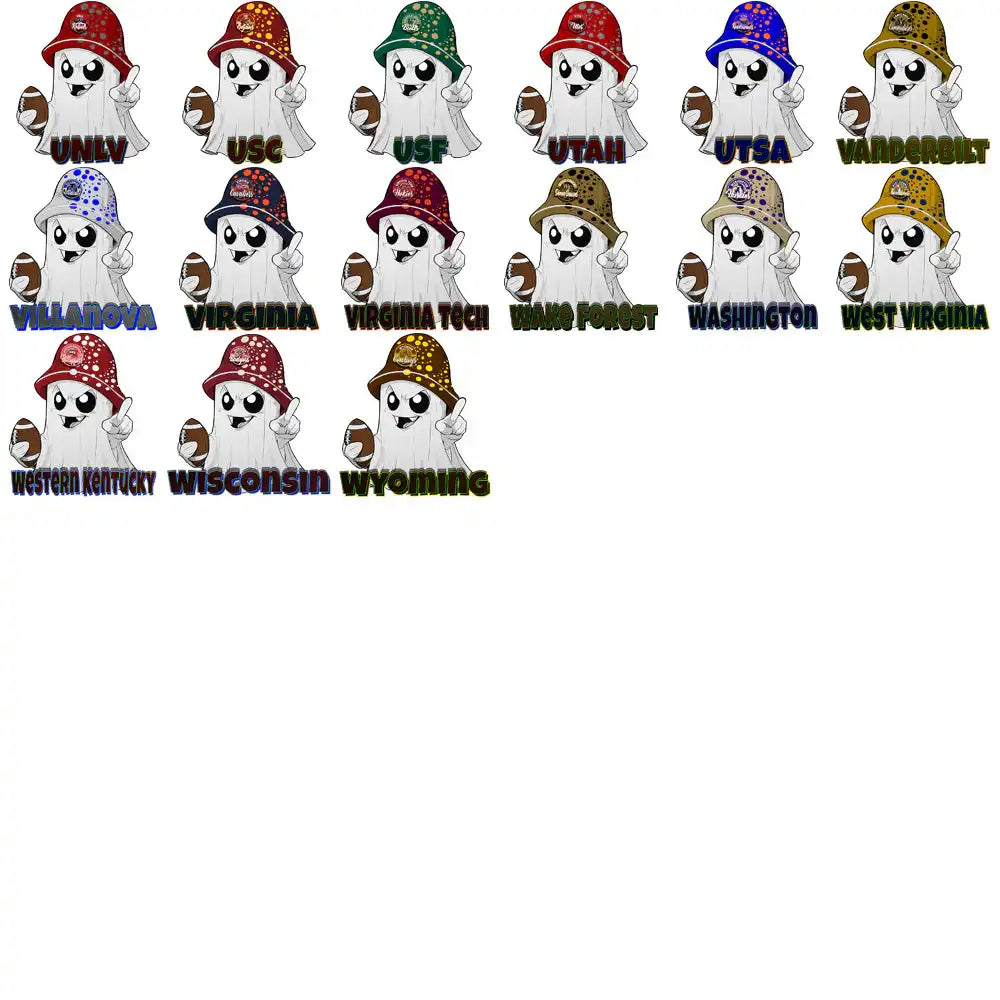 College football ghost designs with team hats and names for DTF, DTG, embroidery