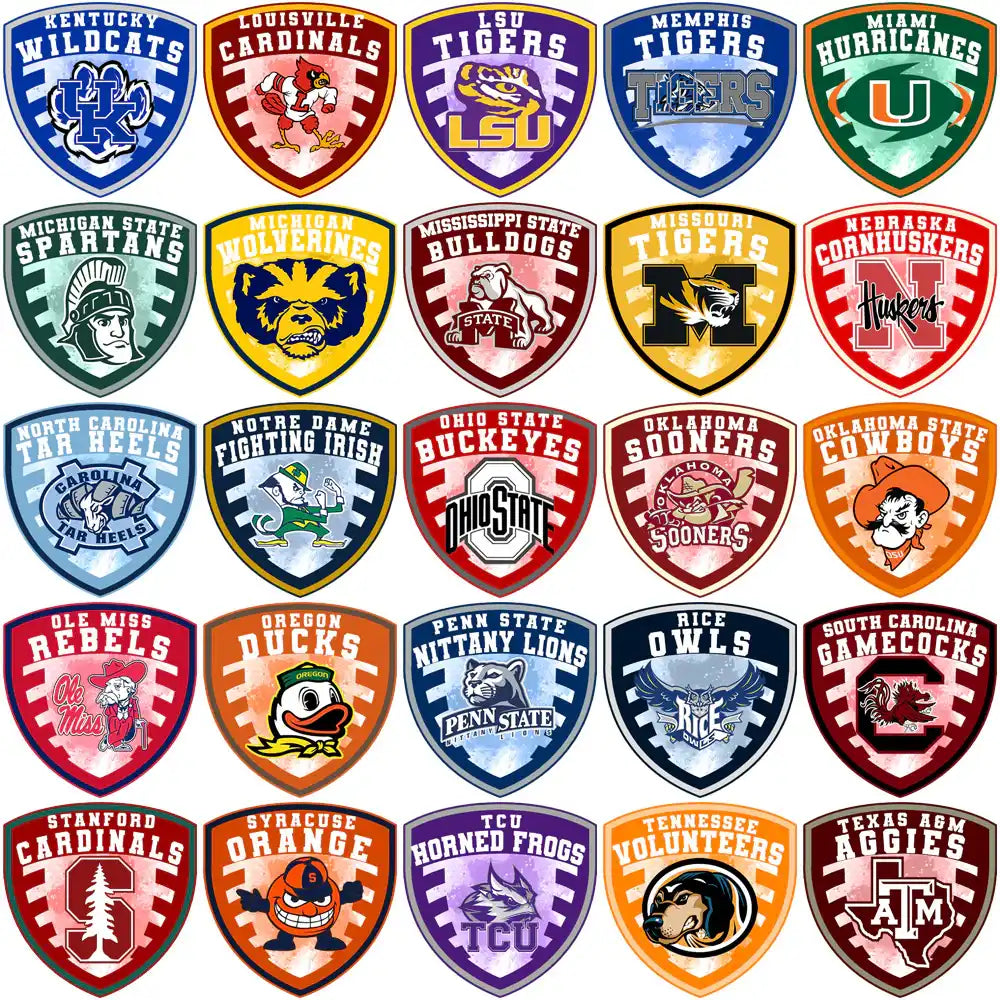College football team logos in shield designs for DTF, DTG, embroidery, and tumbler wraps