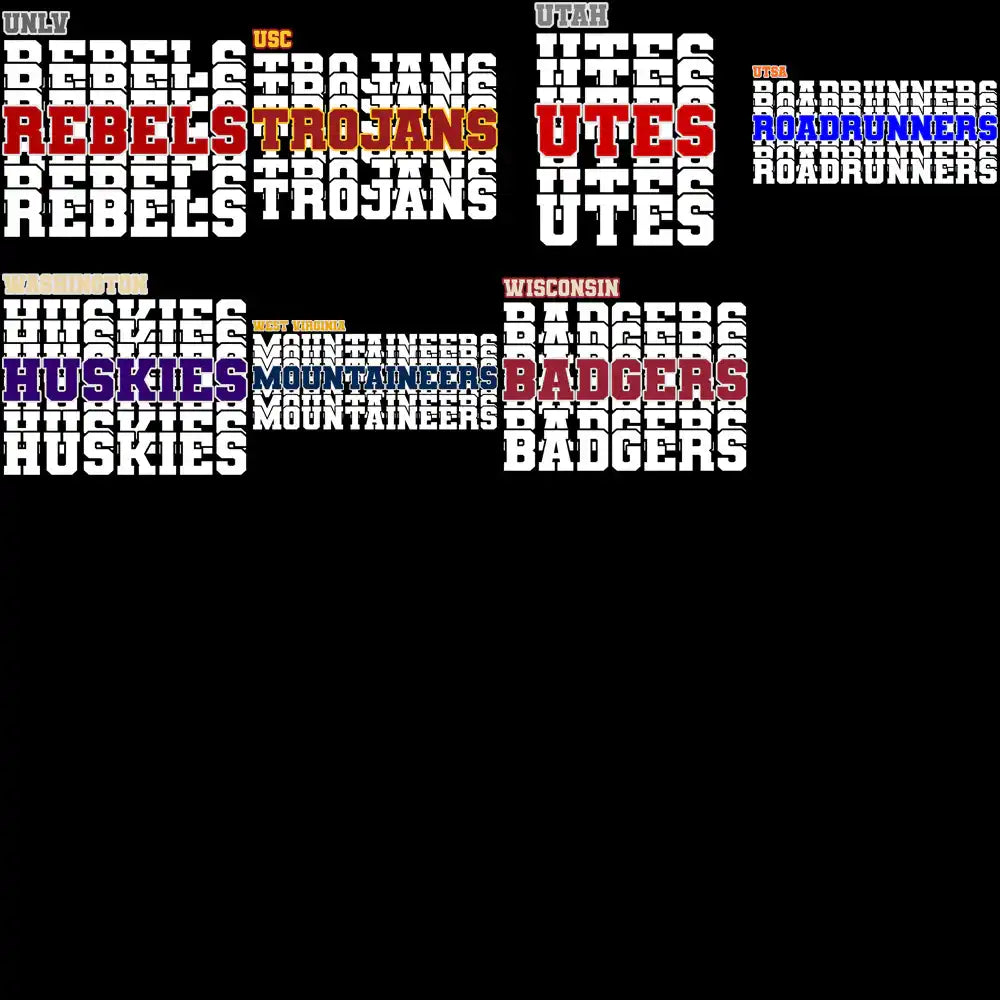 College sports team logos including Rebels, Trojans, Utes, Roadrunners, Huskies, Mountaineers, and Badgers