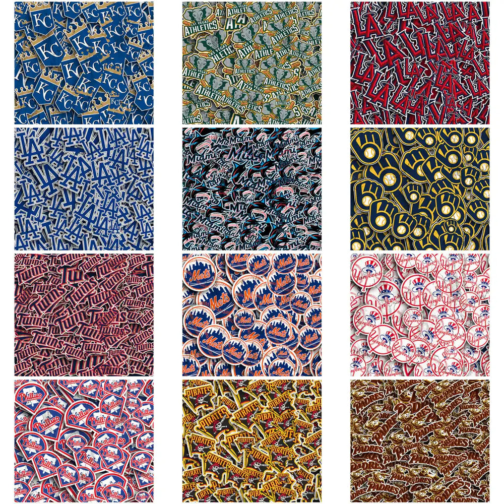 Baseball team logo patterns for DTF/DTG and embroidery designs, featuring MLB teams in vibrant colors.