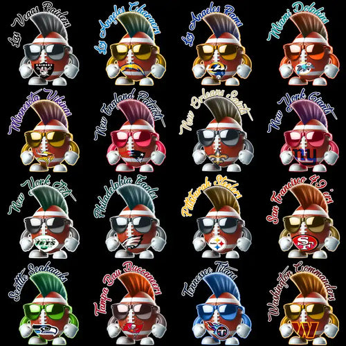 NFL team mascots with mohawks and sunglasses, print-ready designs for DTF, DTG, embroidery