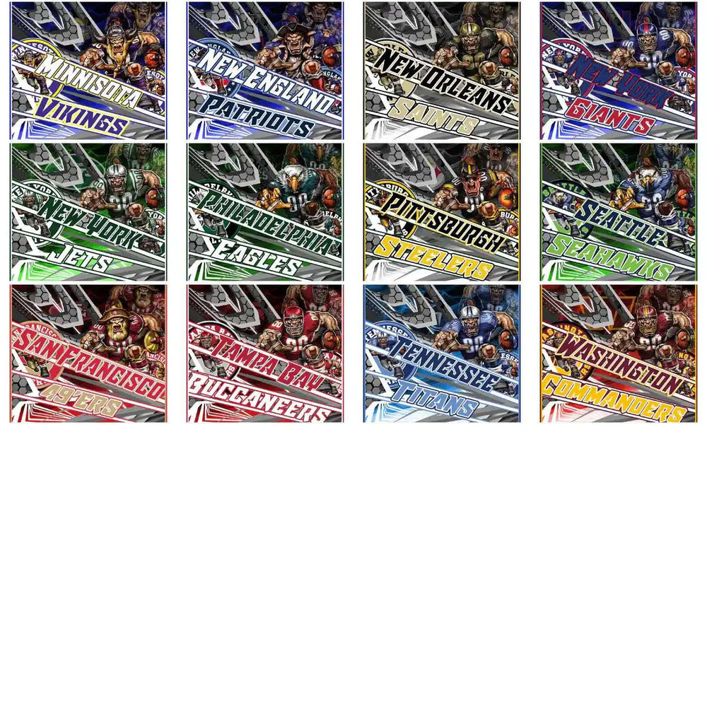NFL team designs for DTF/DTG and embroidery, featuring vibrant graphics of Vikings, Patriots, Saints, and more.
