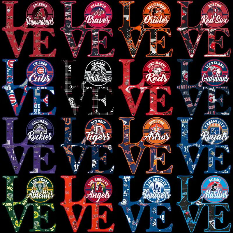 MLB team logos in colorful 'LOVE' designs for DTF/DTG and embroidery projects