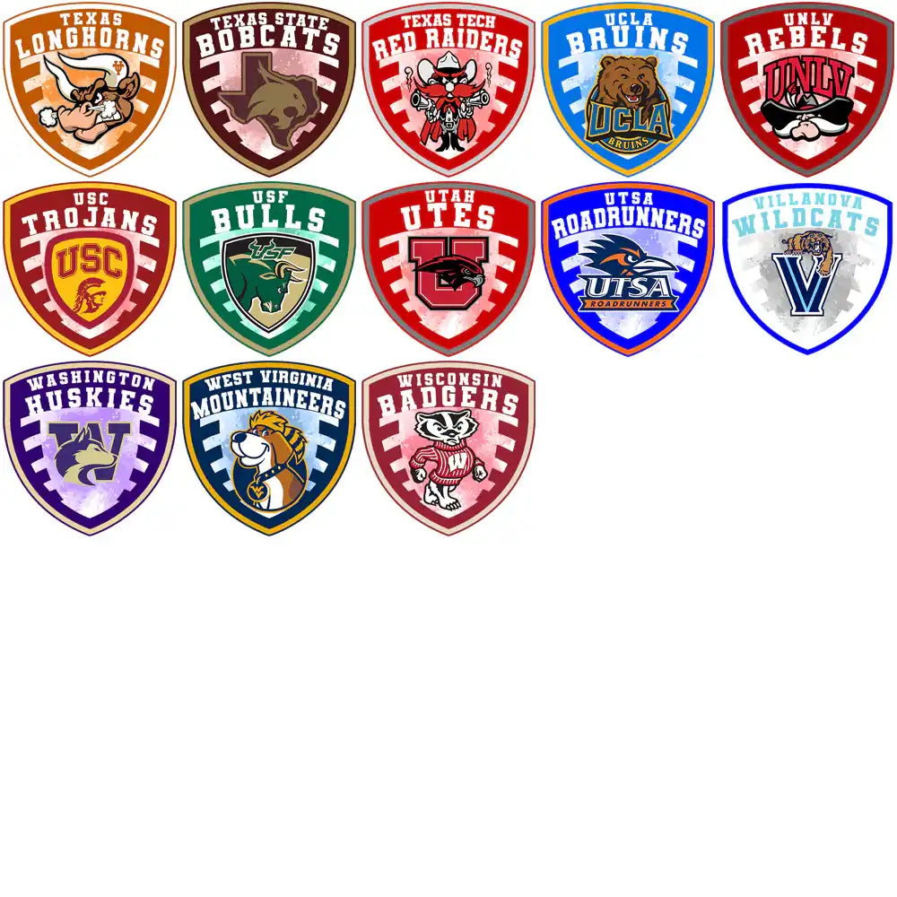 College sports team logos for DTF/DTG and embroidery designs, featuring mascots and shields.