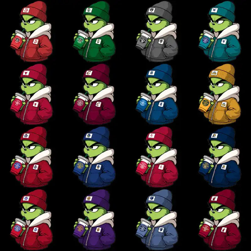 Grinch in colorful hoodies holding coffee cups, print-ready DTF/DTG designs for merch