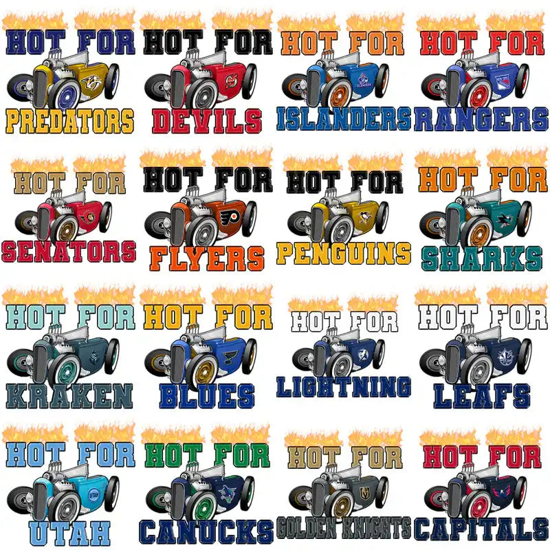 Hot for NHL Teams race car designs, print-ready for DTF, DTG, embroidery, tumbler wraps