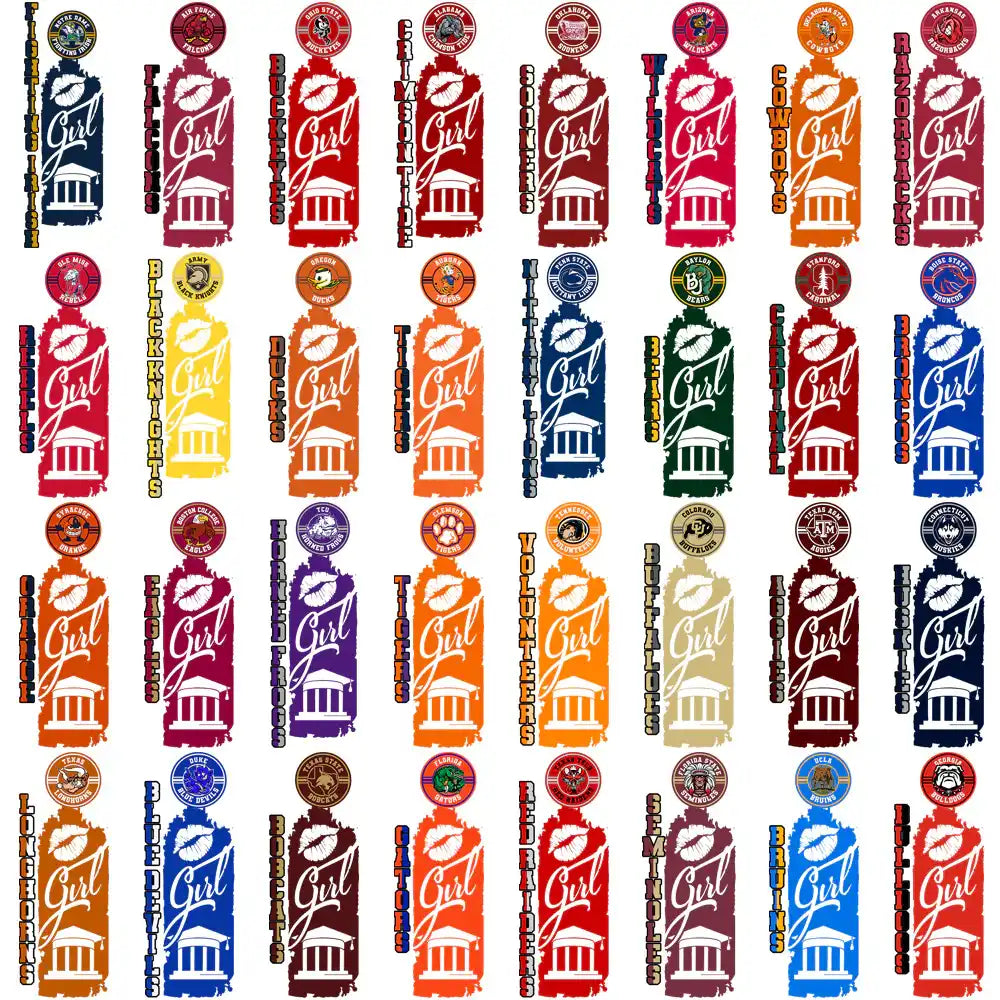 College team 'Girl' tumbler wrap designs with lips & campus icons, print-ready PNG/SVG for DTF/DTG