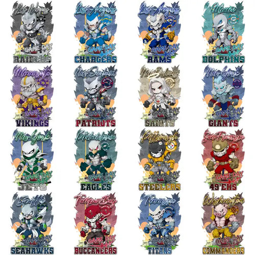 Chibi NFL team mascots for game day designs, perfect for DTF/DTG and embroidery projects.