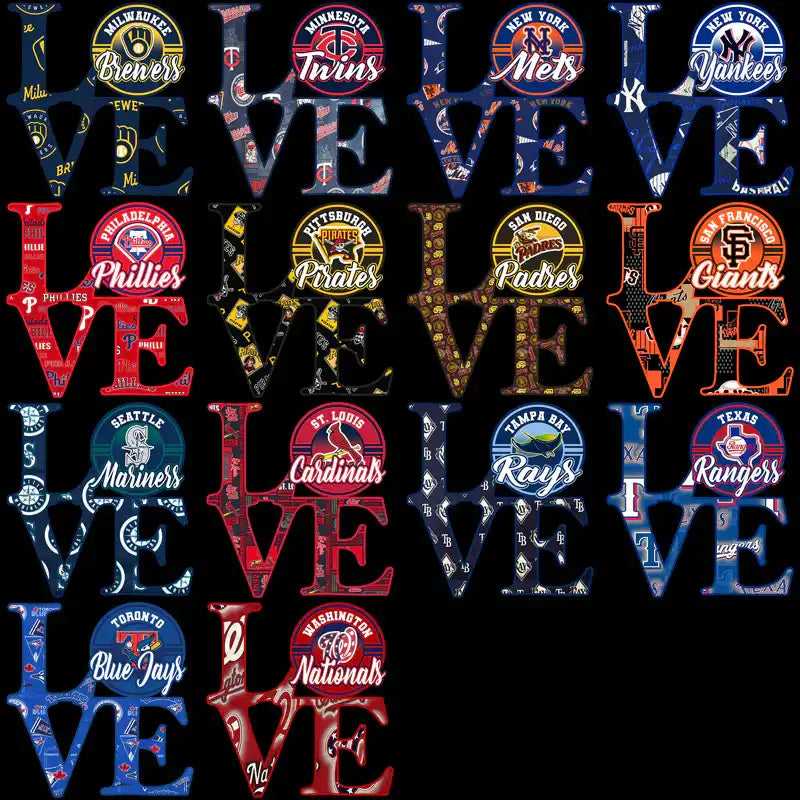 Baseball team logos in 'LOVE' design, print-ready for DTF/DTG and embroidery projects.