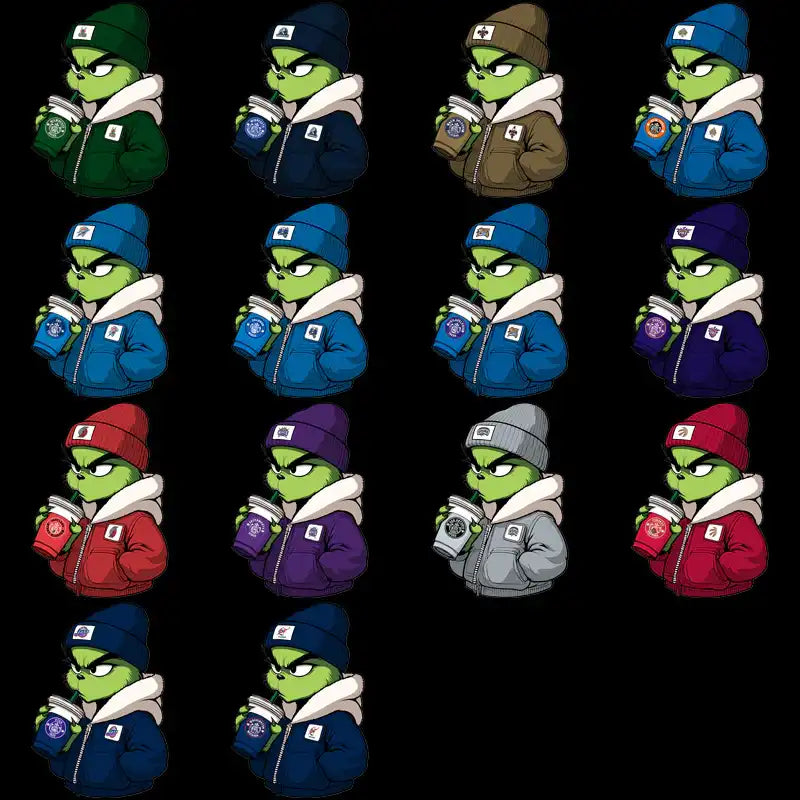 Grinch in cozy hoodies and beanies holding coffee cups, print-ready DTF/DTG design bundle