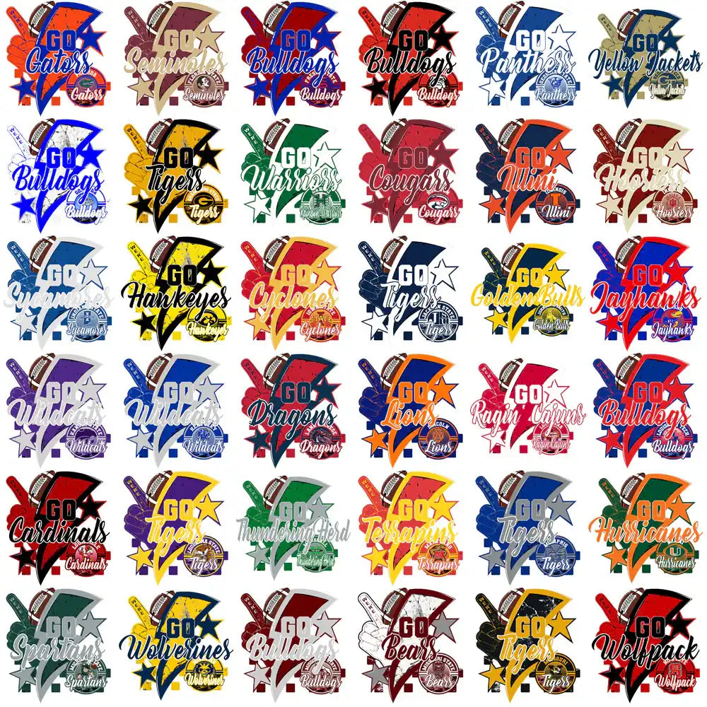 Collection of vibrant sports team logos with 'GO' slogans, ideal for DTF/DTG and embroidery designs.