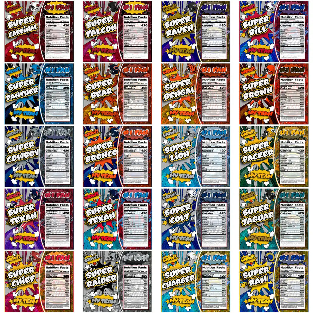 Super Fan NFL team designs with comic-style graphics and nutrition facts labels for print-ready use.