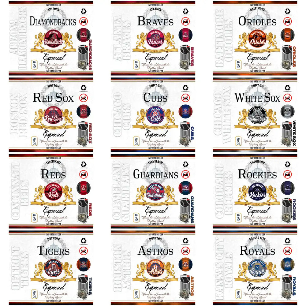 MLB team beer labels for Diamondbacks, Braves, Orioles, Red Sox, Cubs, White Sox, Reds, Guardians, Rockies, Tigers, Astros, Royals