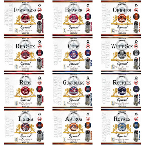 MLB team beer labels for Diamondbacks, Braves, Orioles, Red Sox, Cubs, White Sox, Reds, Guardians, Rockies, Tigers, Astros, Royals