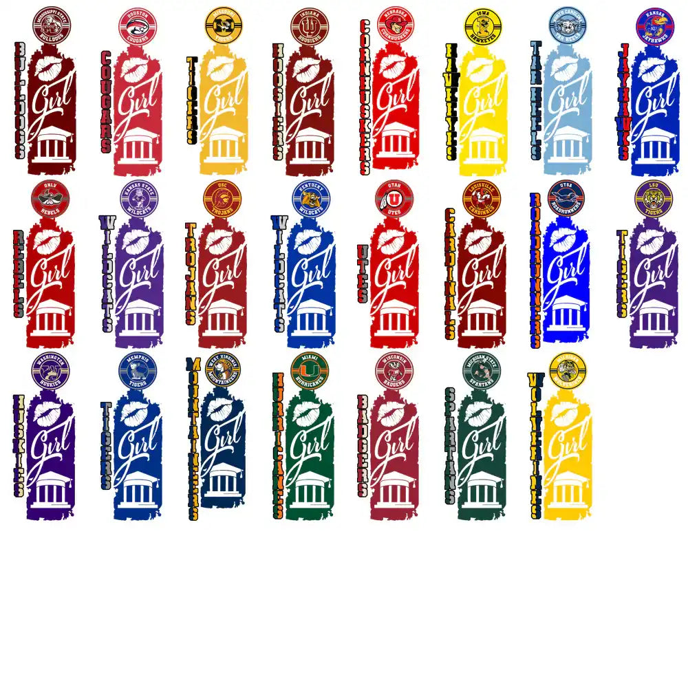 College team logos with 'Girl' text and kiss mark designs for DTF/DTG printing