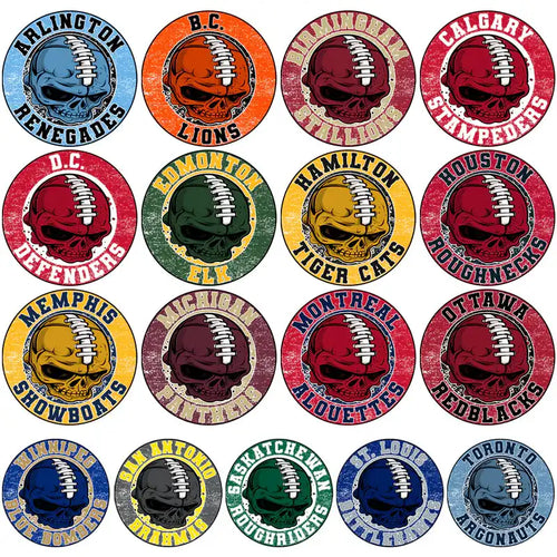 Edgy skull football team logos for DTF/DTG printing, featuring city names and team mascots in bold colors