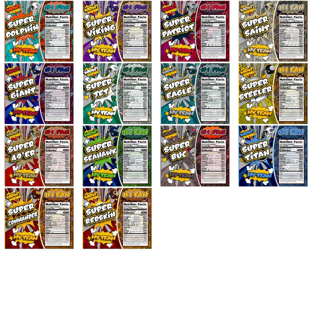 Super Fan NFL team tumbler wrap designs with comic style graphics and nutrition facts labels