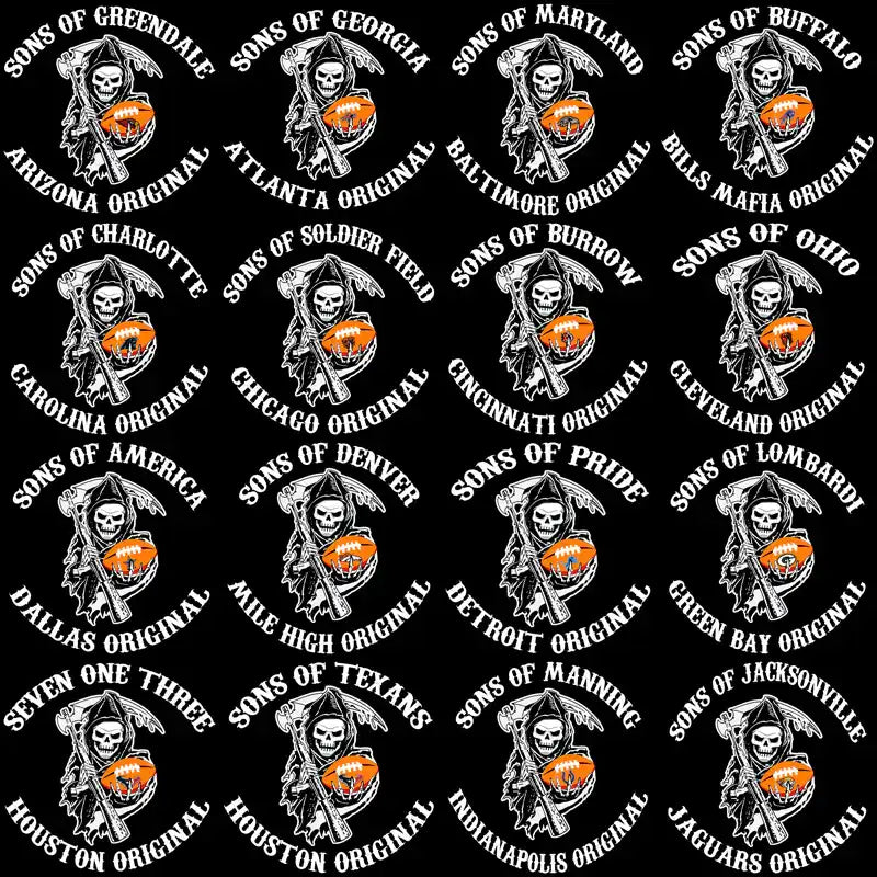 Sons of [City] football designs with grim reaper, print-ready for DTF DTG embroidery