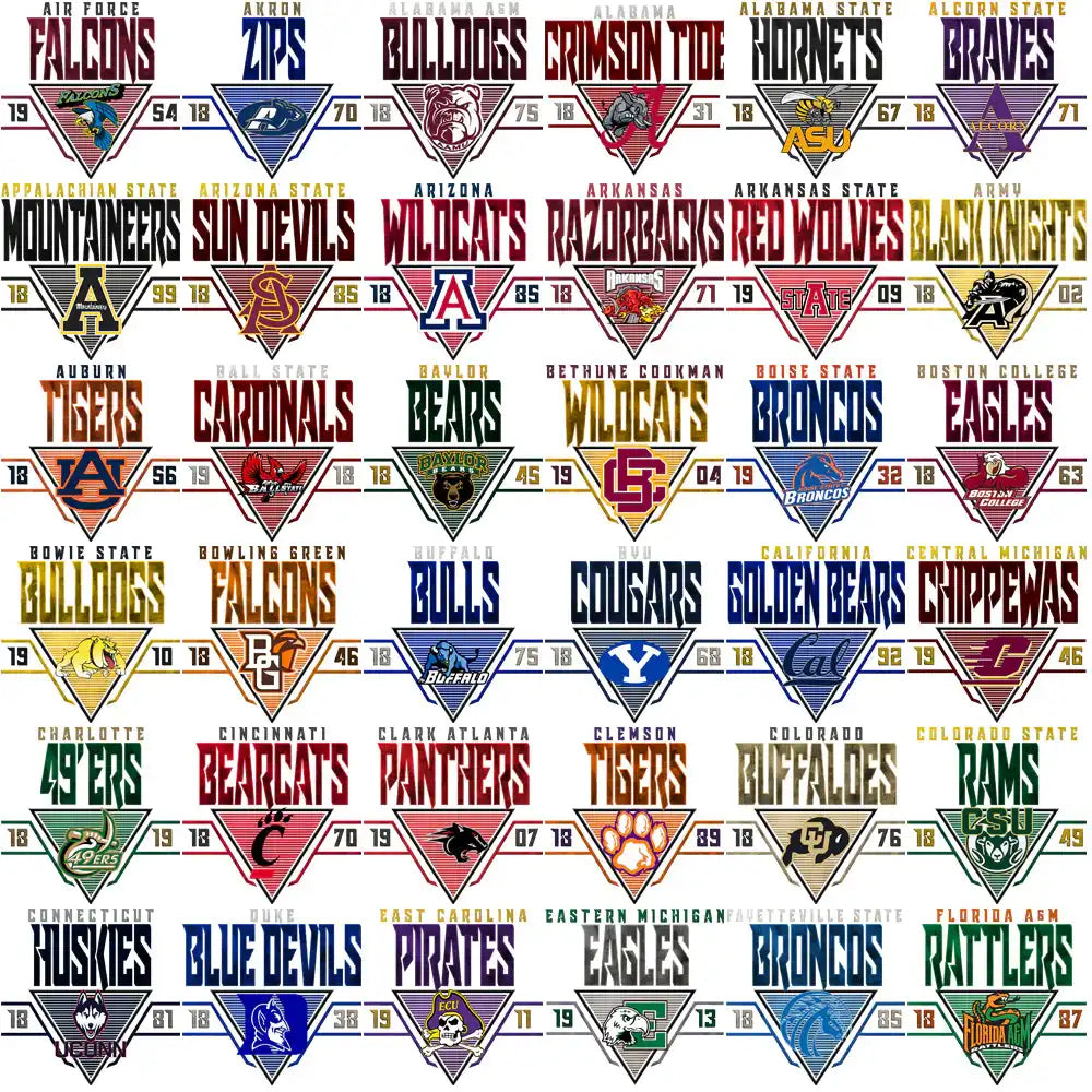 College sports team logos in triangular designs for DTF/DTG and embroidery use