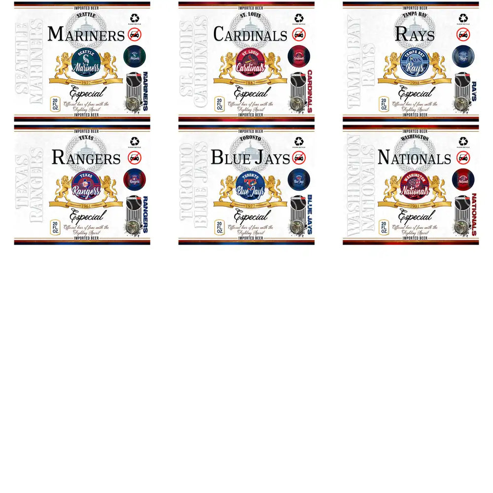 MLB team beer label designs for Mariners, Cardinals, Rays, Rangers, Blue Jays, Nationals — print-ready PNG SVG