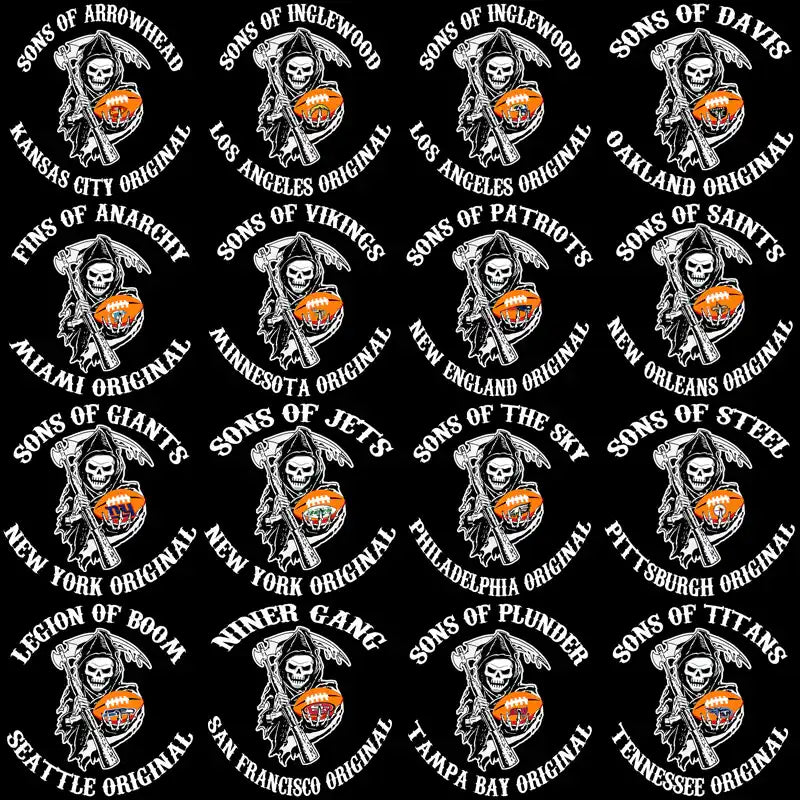 Football-themed designs with skull and team names for DTF/DTG printing