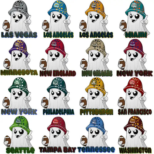 Football team ghost designs with city names and colorful hats for DTF/DTG printing