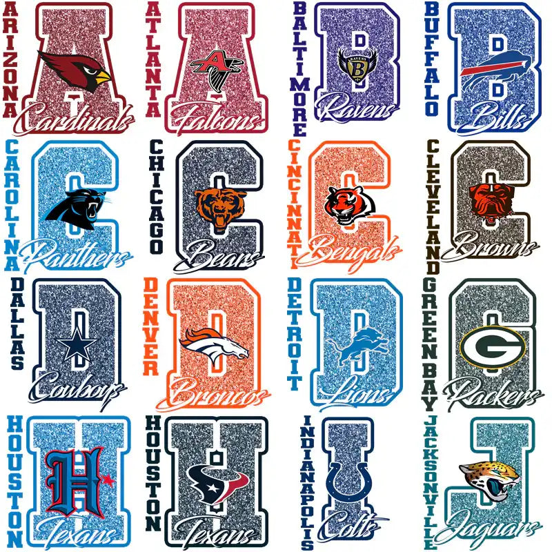 NFL team logos with glittery letter designs for DTF/DTG and embroidery projects