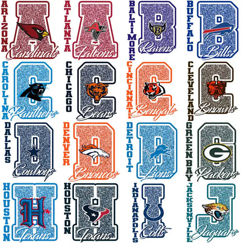 NFL team logos with glittery letter designs for DTF/DTG and embroidery projects