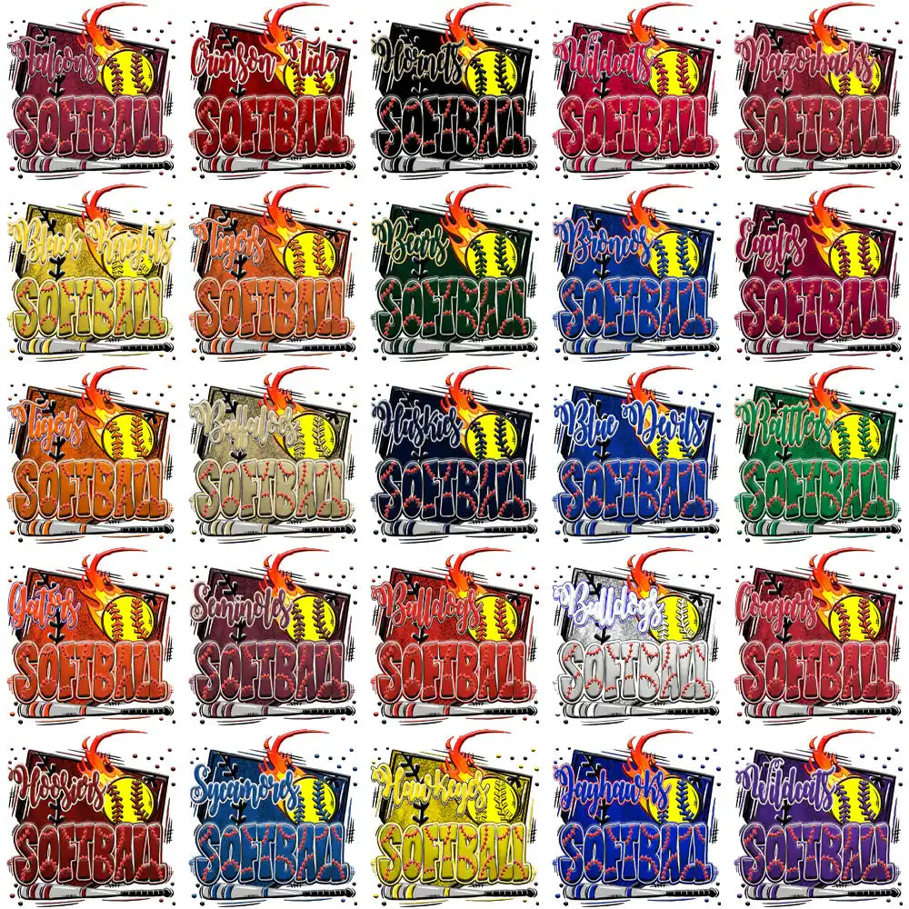Vibrant softball team logos with fiery designs, perfect for DTF/DTG and embroidery projects.