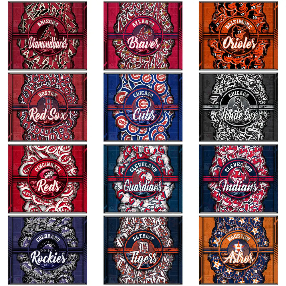MLB team logos: Diamondbacks, Braves, Orioles, Red Sox, Cubs, White Sox, Reds, Guardians, Indians, Rockies, Tigers, Astros