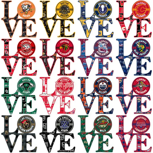 NHL team-themed 'LOVE' designs for DTF/DTG and embroidery, featuring logos and print-ready patterns.